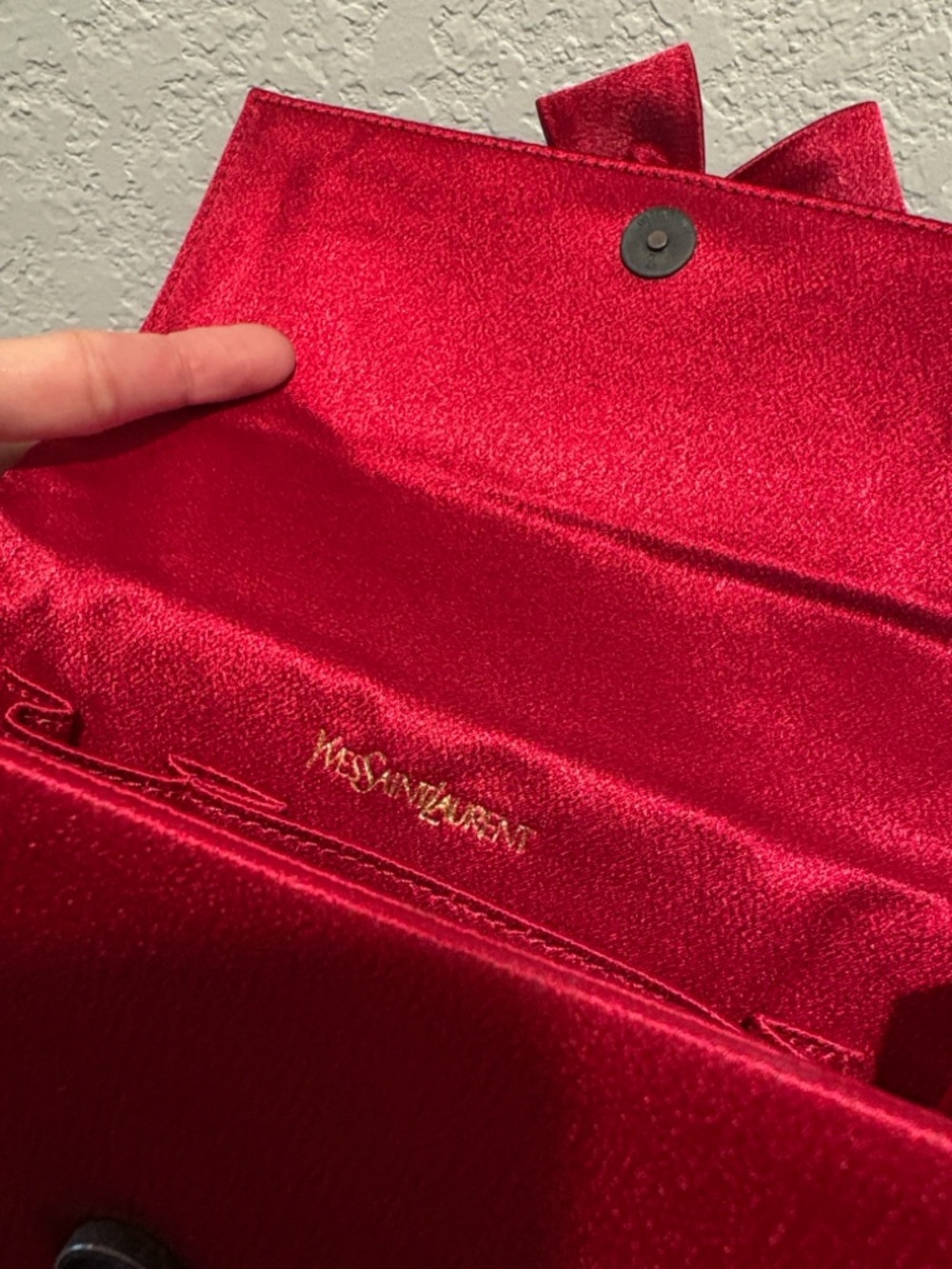 Yves Saint Laurent Red Satin
Bow Clutch with Crystal Accent - Picture 14 of 15